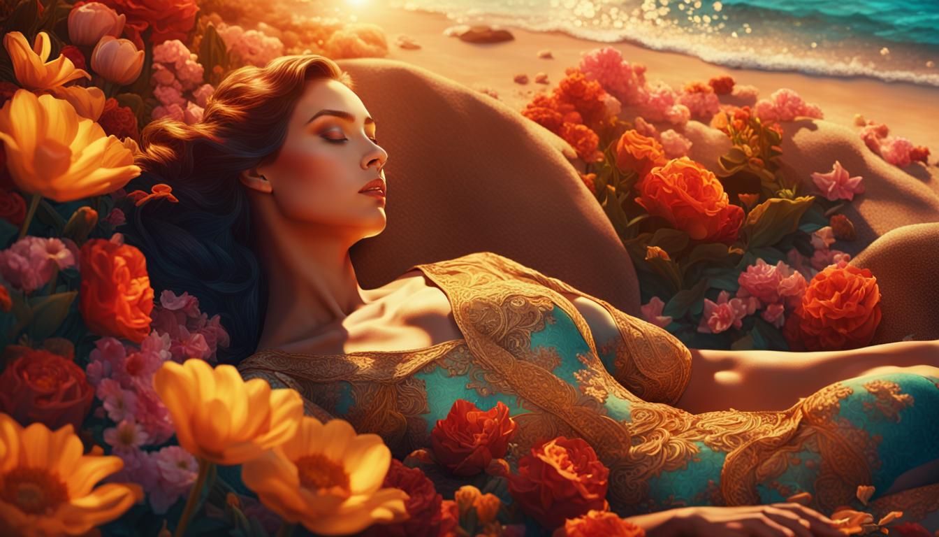 Voluptuous Woman on Beach in Dreamlike Digital Painting
