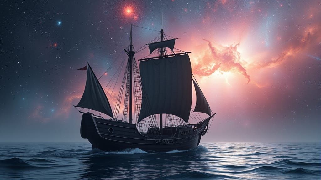 Ancient Black Galleon Sails into Nebulae