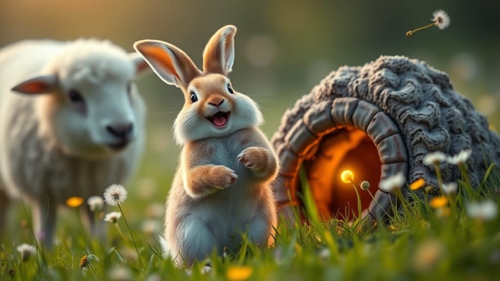 Laughing Bunny and Sheep in Spring Meadow