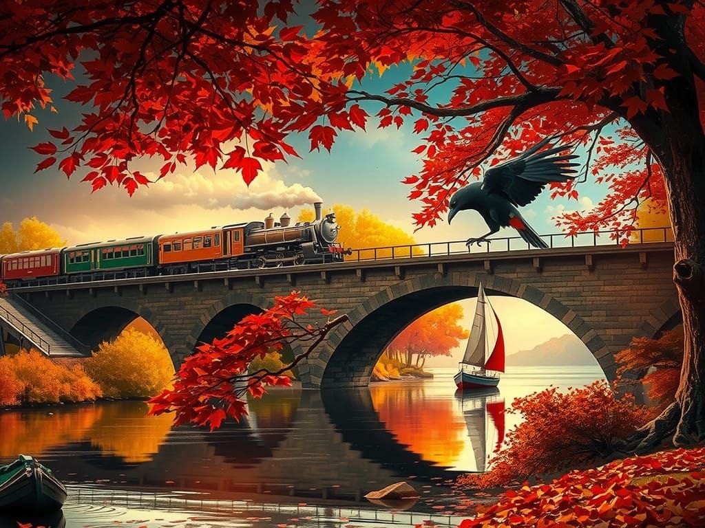 Surreal Autumn Landscape with Train, Bridge, and Sailboat in...