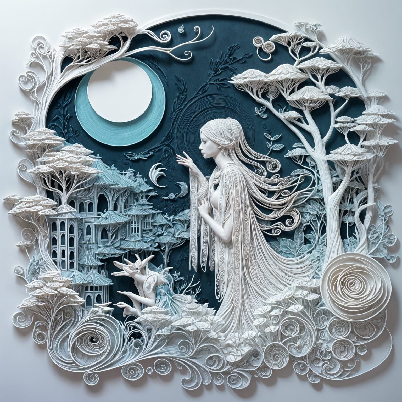 Ghostly Lady in Surreal Midnight Garden