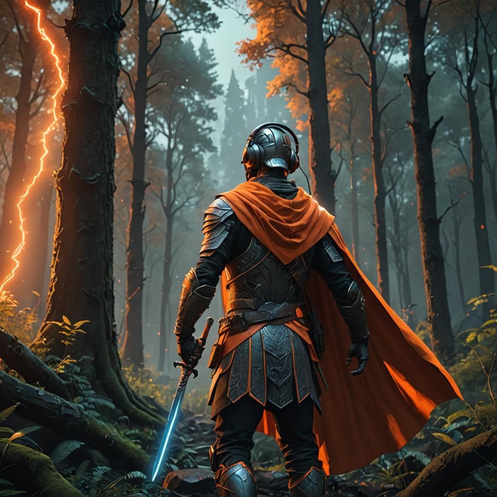 Neon Warrior with Sword in Forest