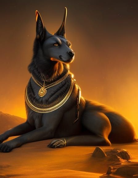 full body portrait of Anubis with an egyptian background  a masterpiece, 8k resolution, dark fantasy concept art, by Gre...