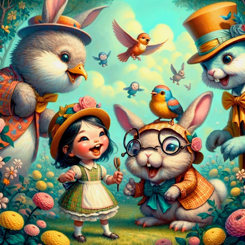 Whimsical South Asian Girl Surrounded by Playful Creatures i...