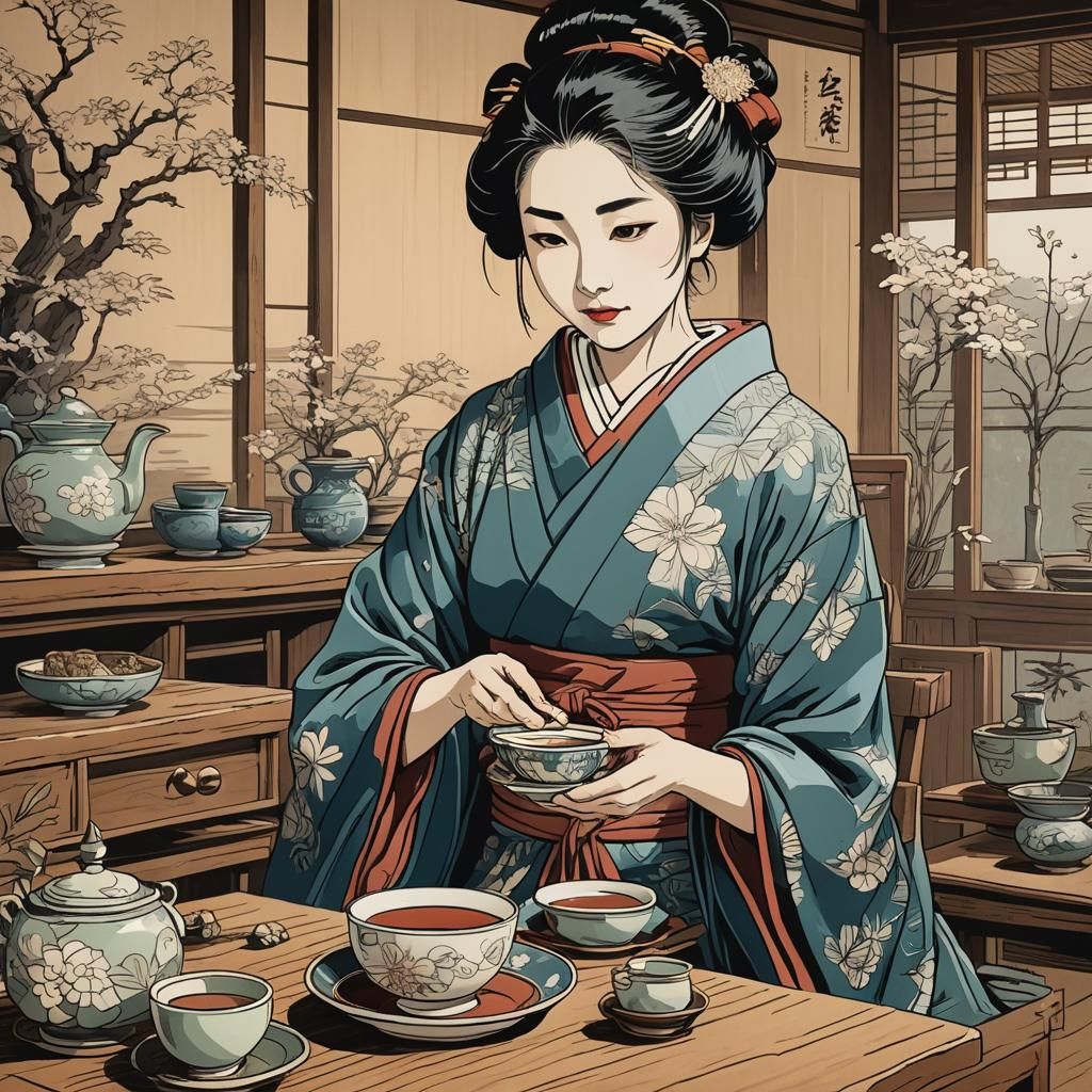 Geisha Tea Ceremony Inside Teacup in Anime Style