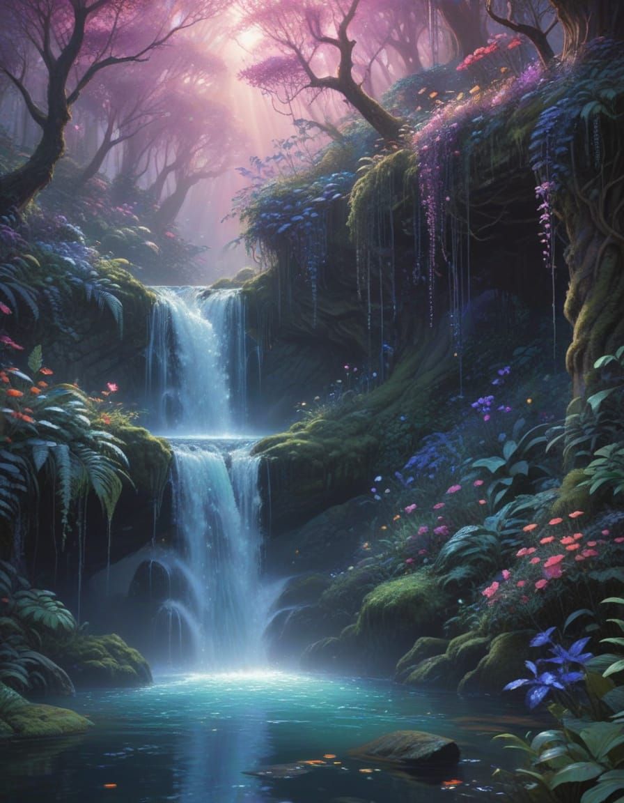 Dreamlike Fantasy Garden Waterfall in Vibrant Bioluminescent...