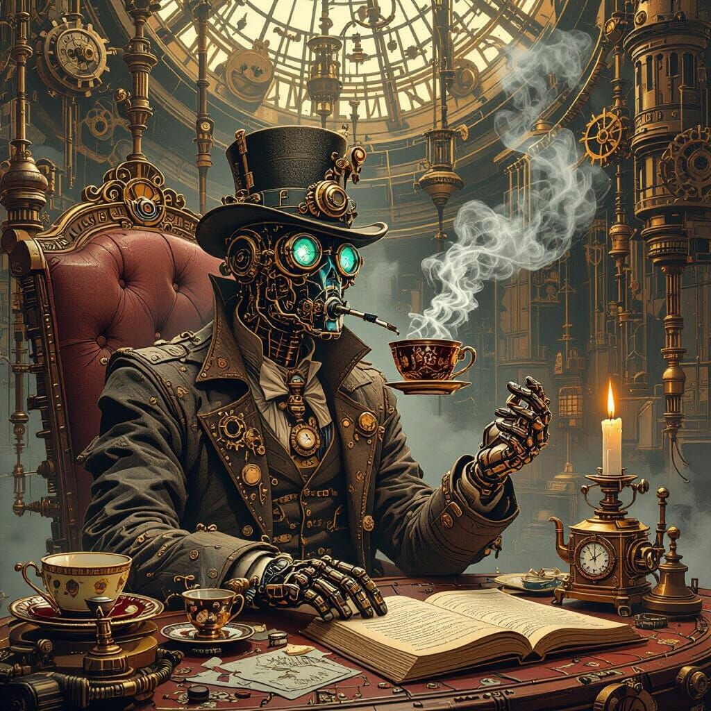 Steampunk Figure with Tea Cup in Dreamlike Scene