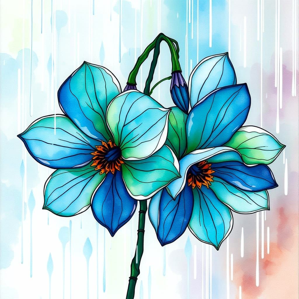 Stained-glass watercolor ink flowers in rain