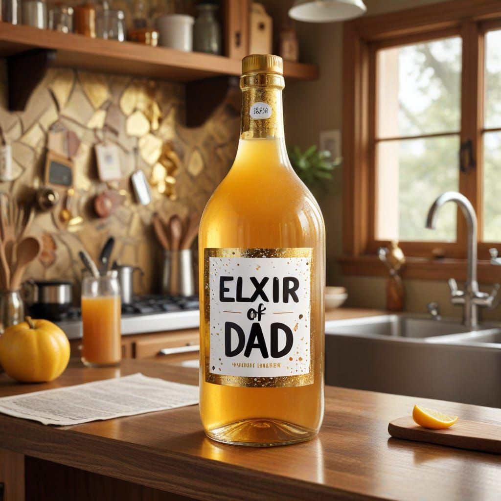 Whimsical Bottle Filled with Golden Liquid in Cozy Kitchen