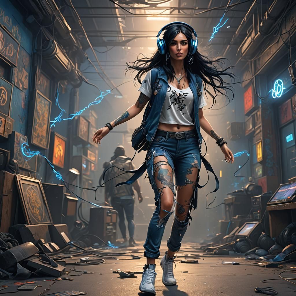 Tattooed Woman with Glowing Eyes Listening to Music