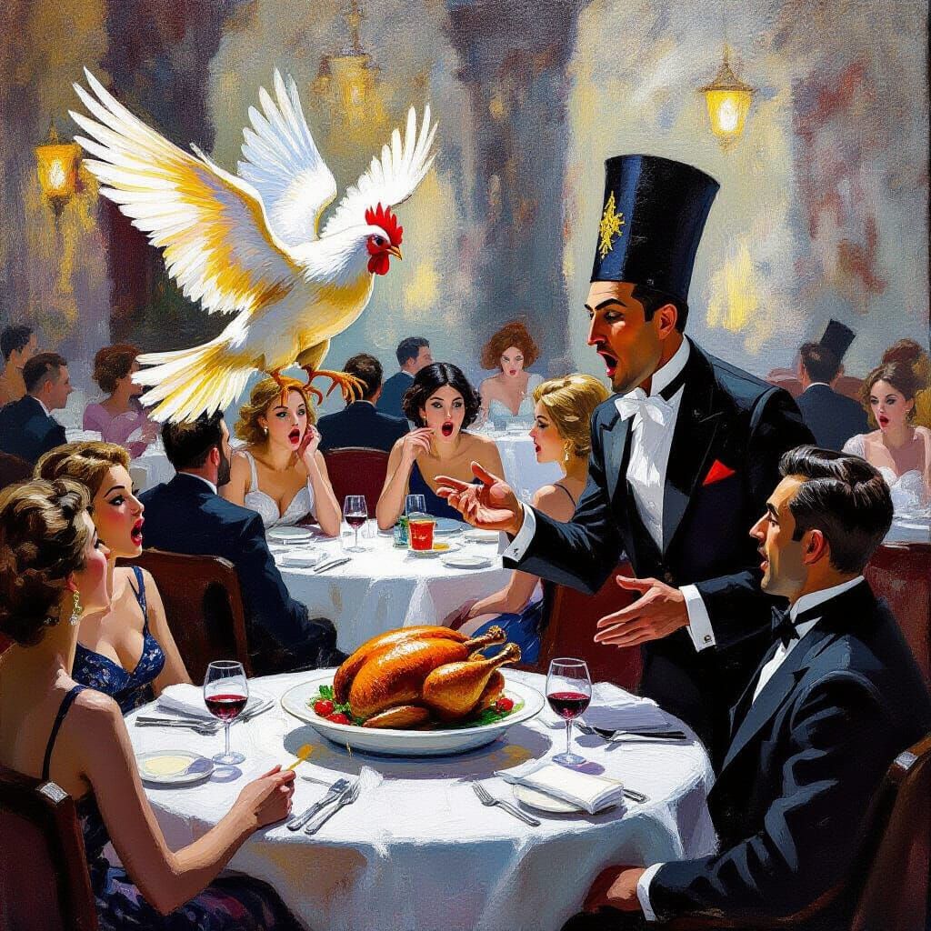 Surreal Impressionist Painting of Flying Chicken in Restaura...