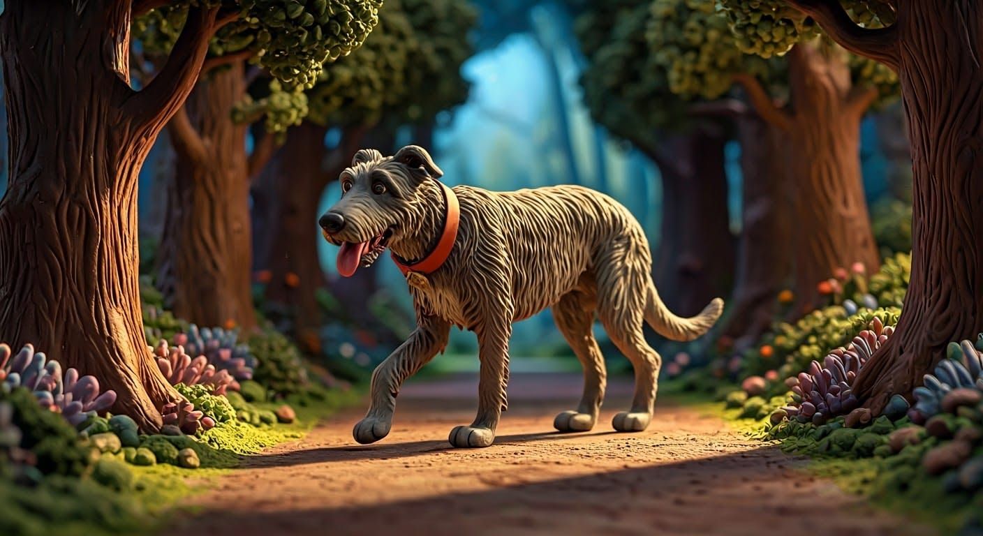 Irish Wolfhound in Whimsical Claymation Forest Scene