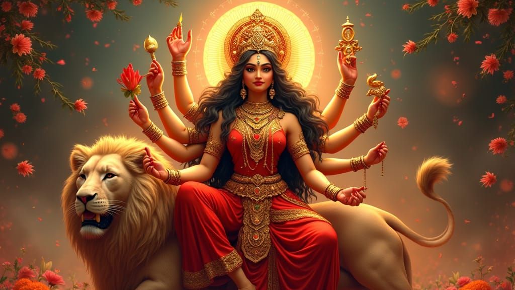 Goddess Durga in Exquisite Red Attire, Seated on a Majestic ...