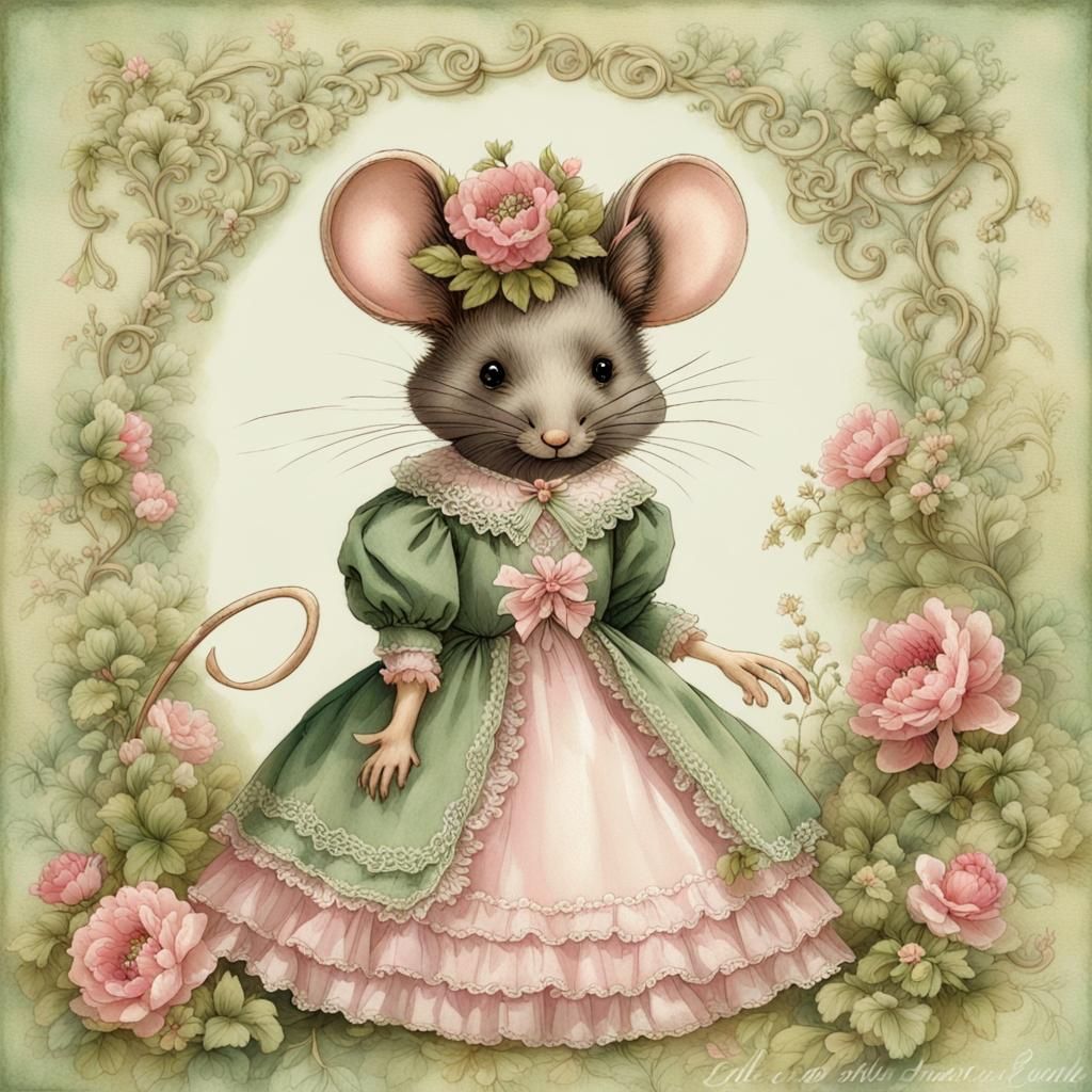 Mouse in Victorian Dress, Watercolor Illustration