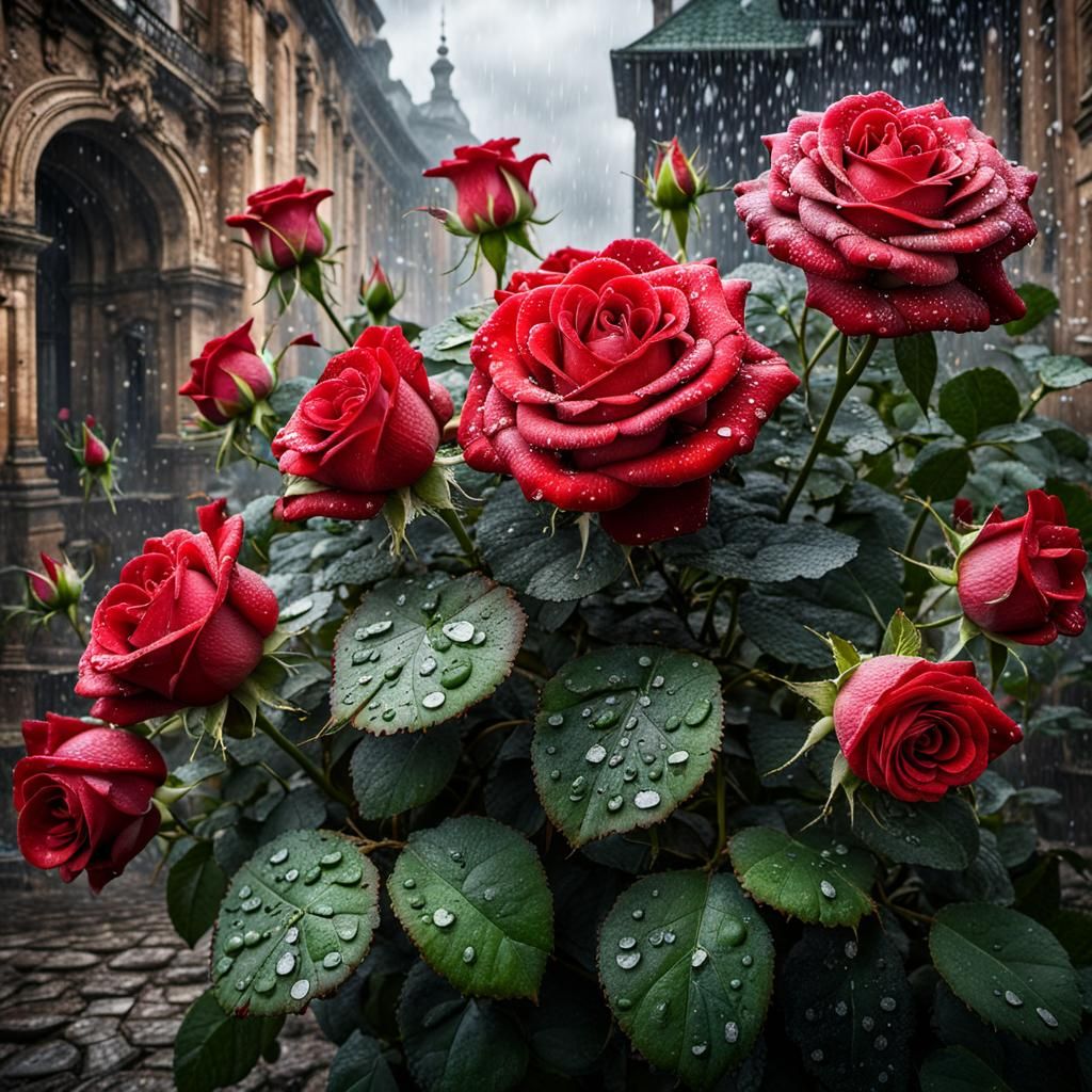 Baroque Portrait of Red Roses with Dew Drops