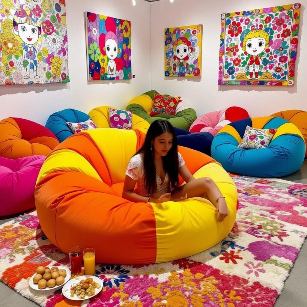 Serene Woman in Beanbag Room, Pop Surrealism