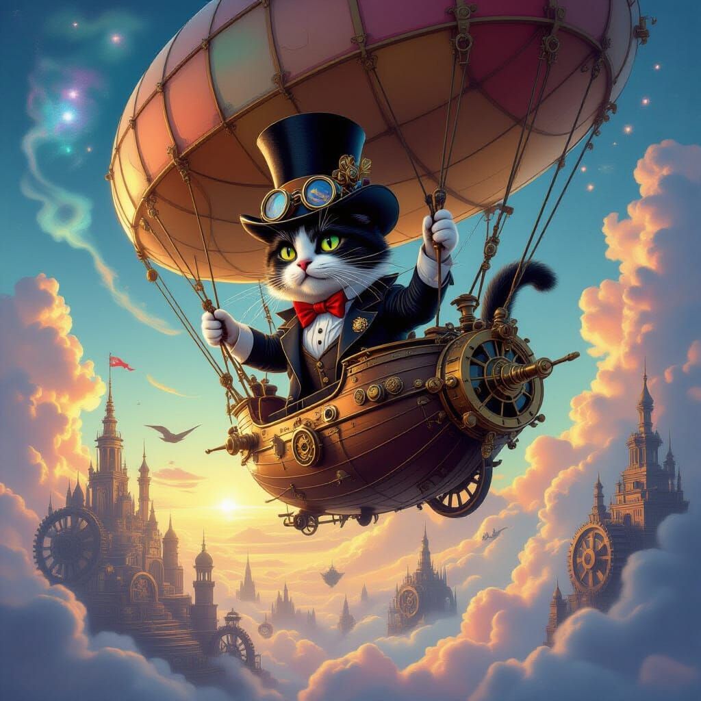 Steampunk Cat Captain Navigates Nebula Sky