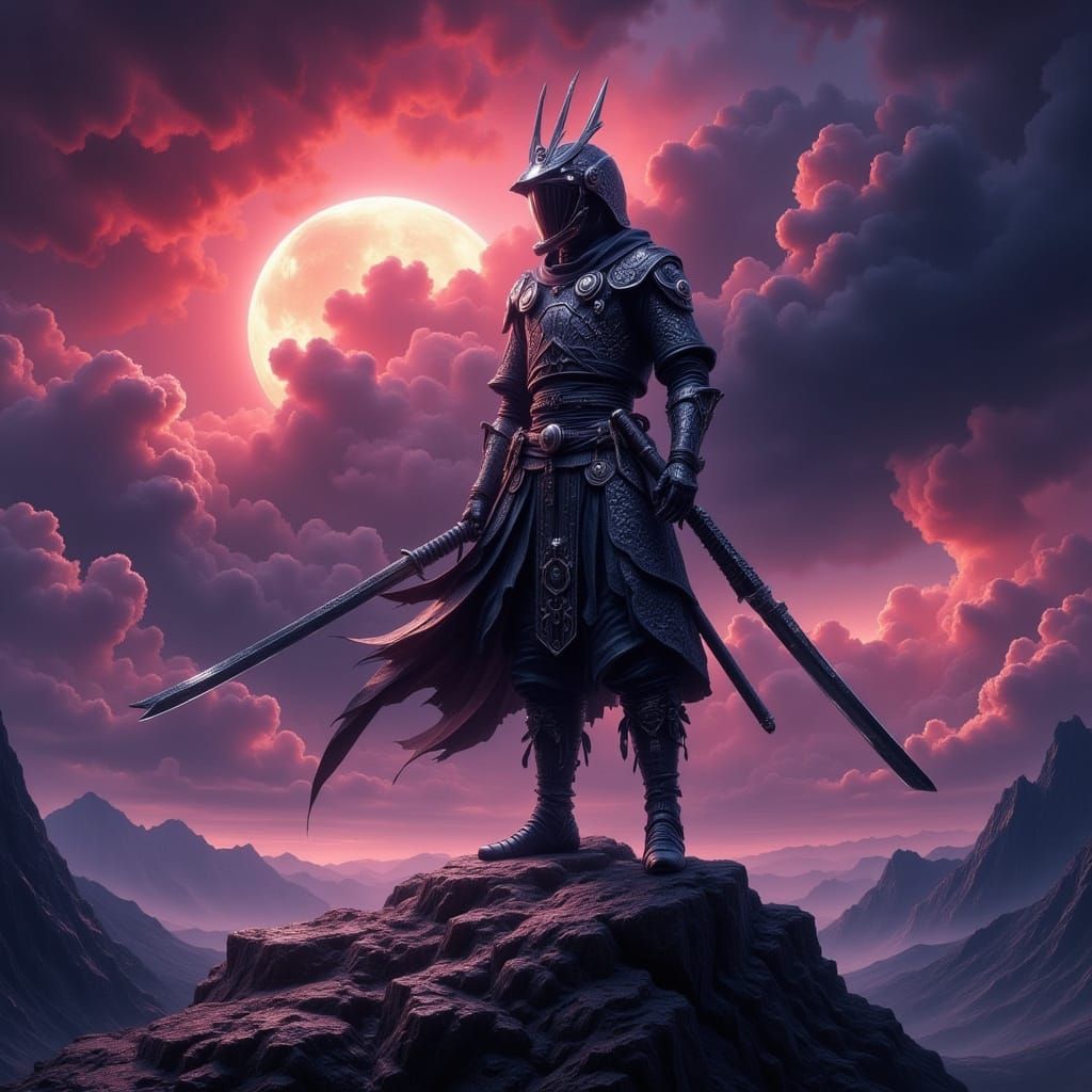 Cyberpunk Samurai Warrior on Mountaintop