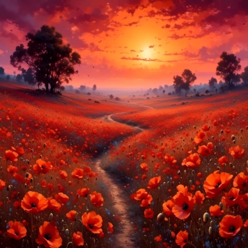 Poppy Field Under Orange Dawn Sky in Aetherpunk Style