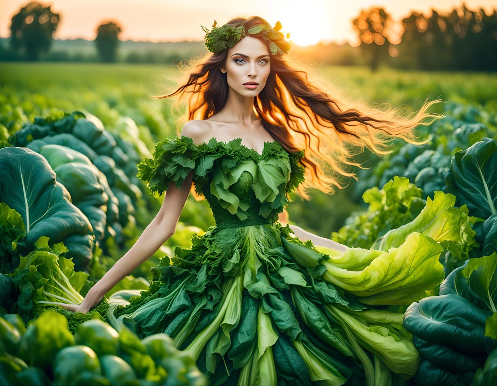 Girl in Vegetable Dress on Green Field