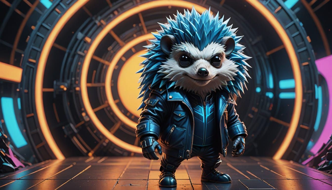 Electric Blue Rockstar Hedgehog Shreds on Neon Stage