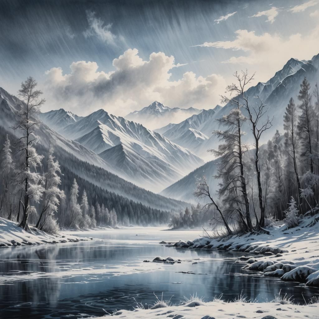 Frozen Lake Charcoal Drawing with Altai Mountains