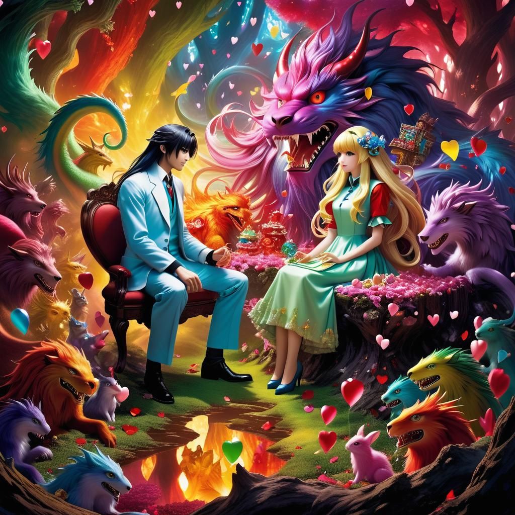 colourful long haired monsters in a chaotic valentines wonderland, full colour magazine photo, 1958, ral-dissolve, linqu...