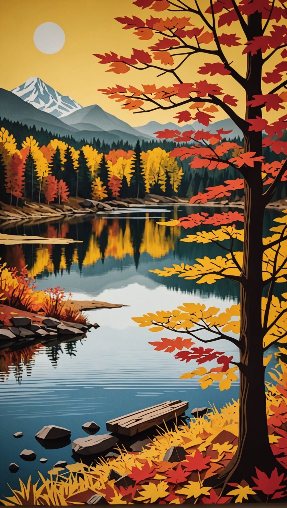 Vibrant Autumn Lakeside Landscape in Layered Paper Art