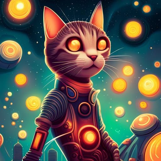 Playful Robotic Cat in Space: Pop Surrealism Style