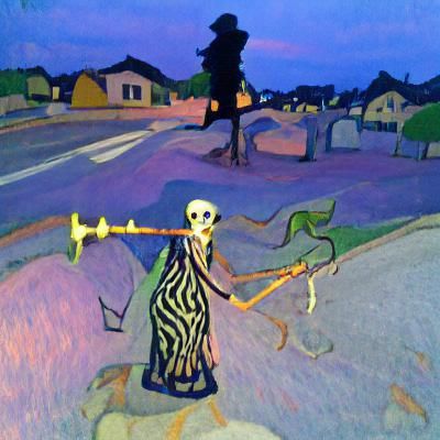 Witch Guides Skeletons at Dusk in Fauvist Style