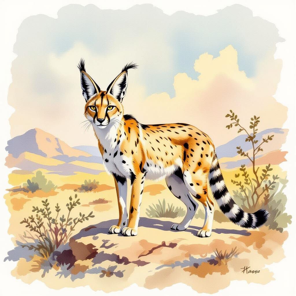 Elegant African Caracal Cat in Soft Watercolor Style