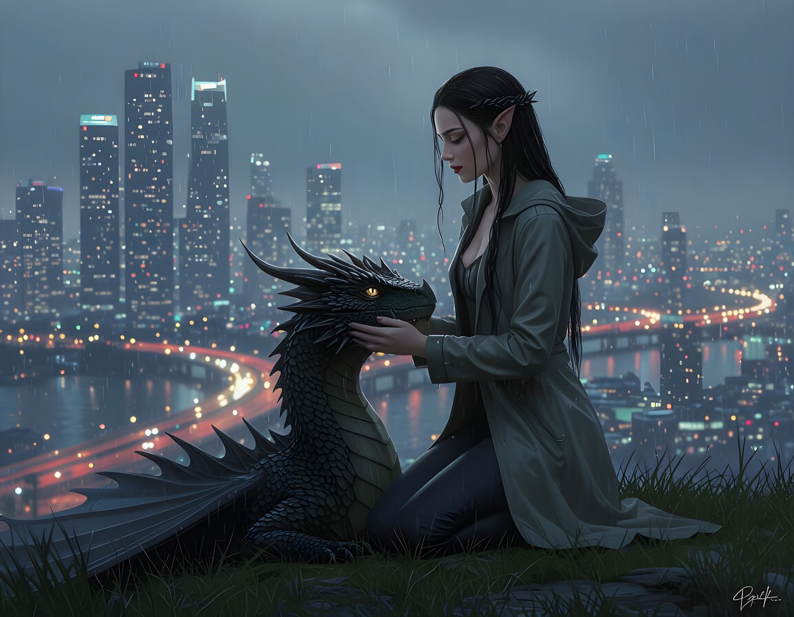 Elf and Dragon Overlook Rainy City Night