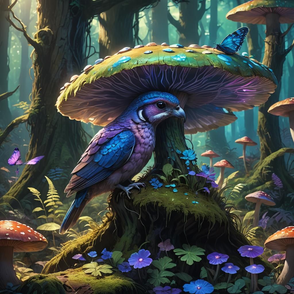 Nightjar on Glowing Mushroom, Fantasy Art