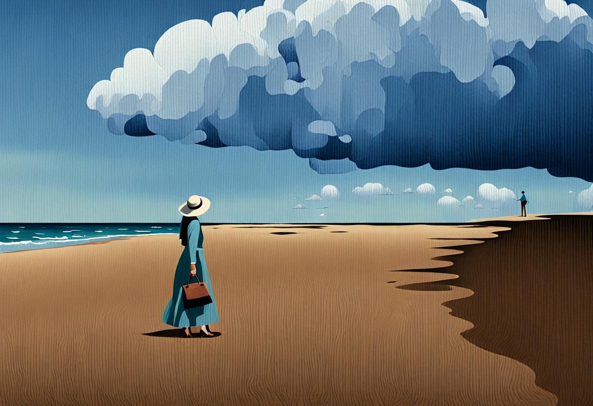 Surreal Lakeshore Scene with Abstract Figures