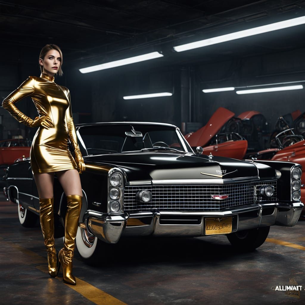 Elegant Woman in a Classic Cadillac Garage Scene, Fantasy Co...