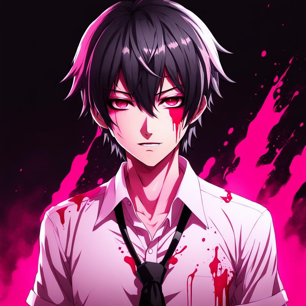 yandere male boy hot pink bloody smirk posessed pink