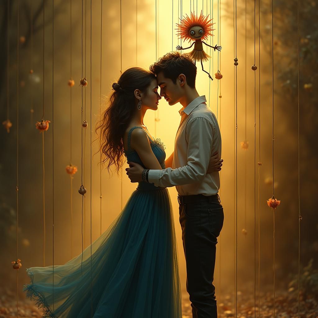 Warm Embrace with Puppets in Eerie Dreamscape