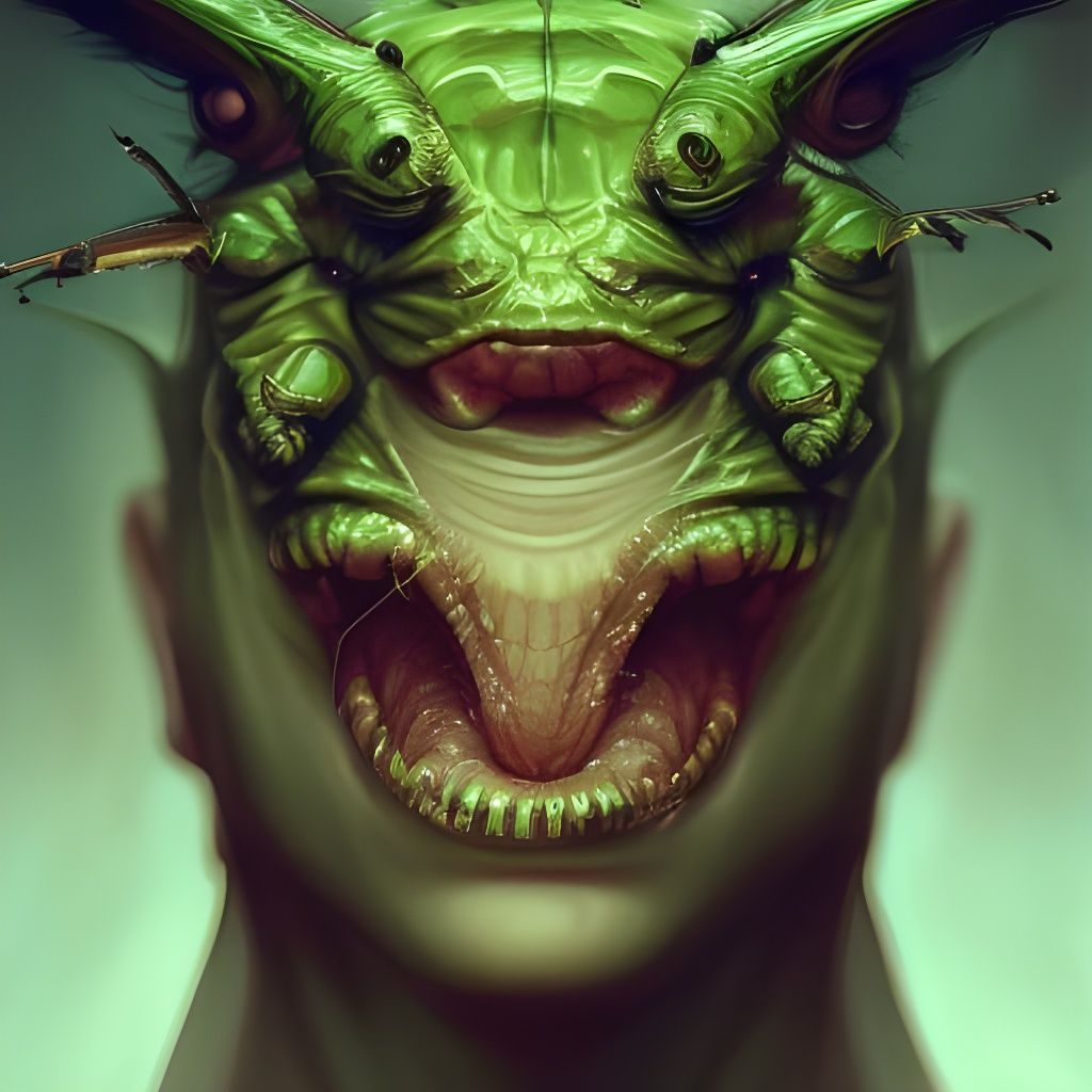 Demonic Cronenberg Grasshopper Portrait in Hyperdetailed Sty...