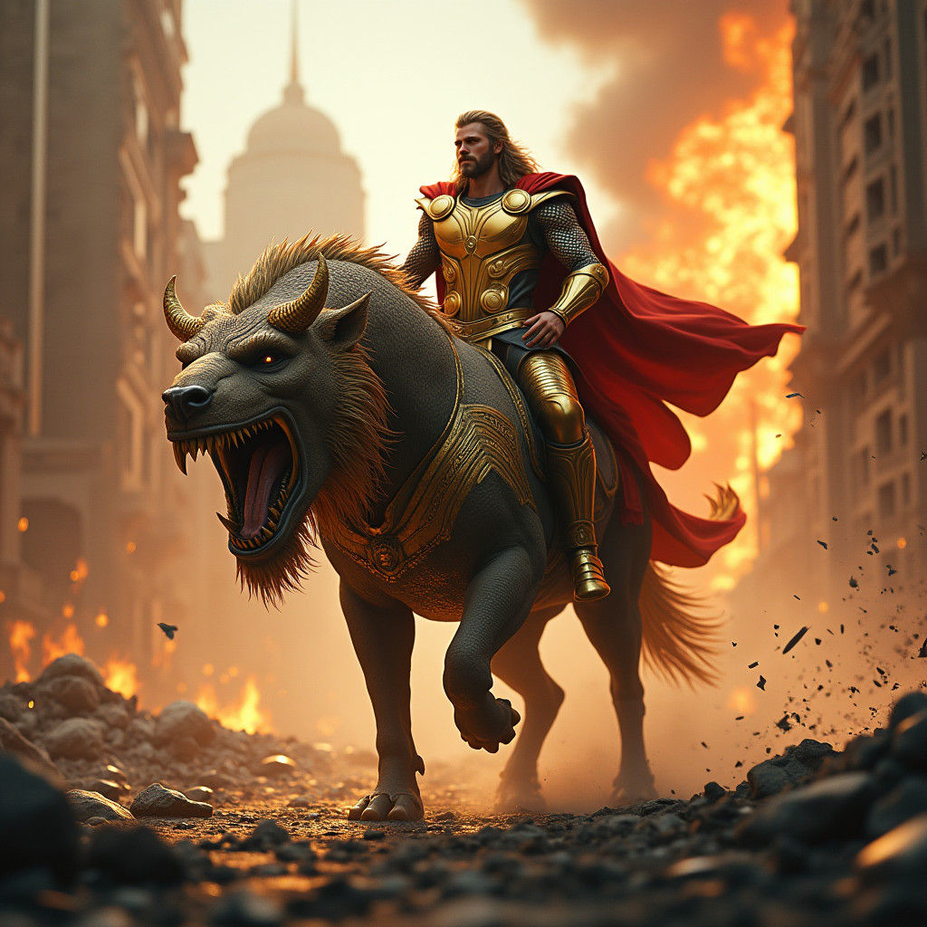 Thor on Kaimera Beast in Burning City, Matte Painting