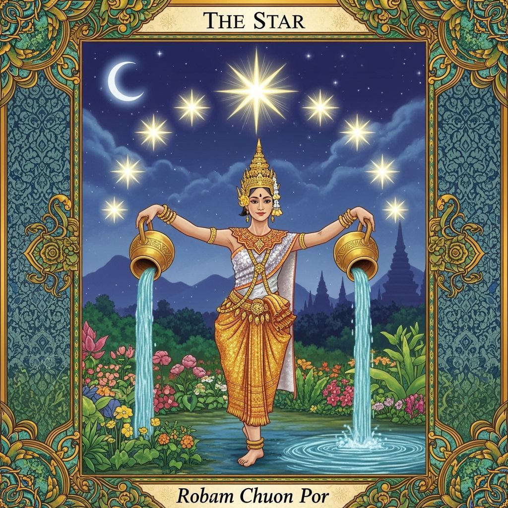 a tarot card representing  The Star using  Robam Chuon Por          from Cambodia