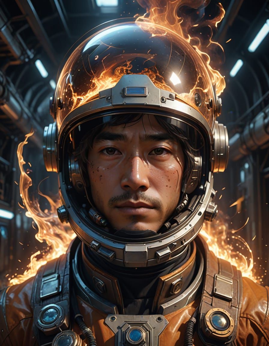 Astronaut Portrait with Fiery Earth, Alphonse Mucha Style