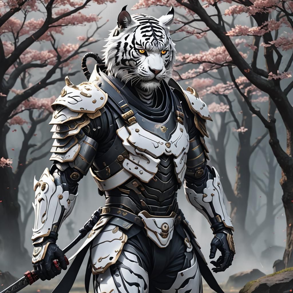 Cyborg Samurai White Tiger Oni Mask 3D Anime Art