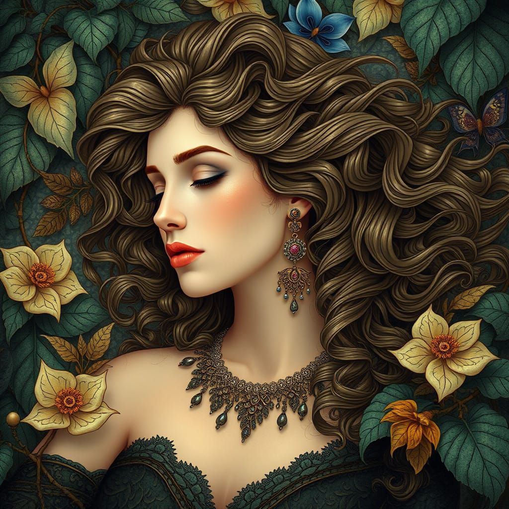 Ethereal Woman in Art Nouveau Landscape