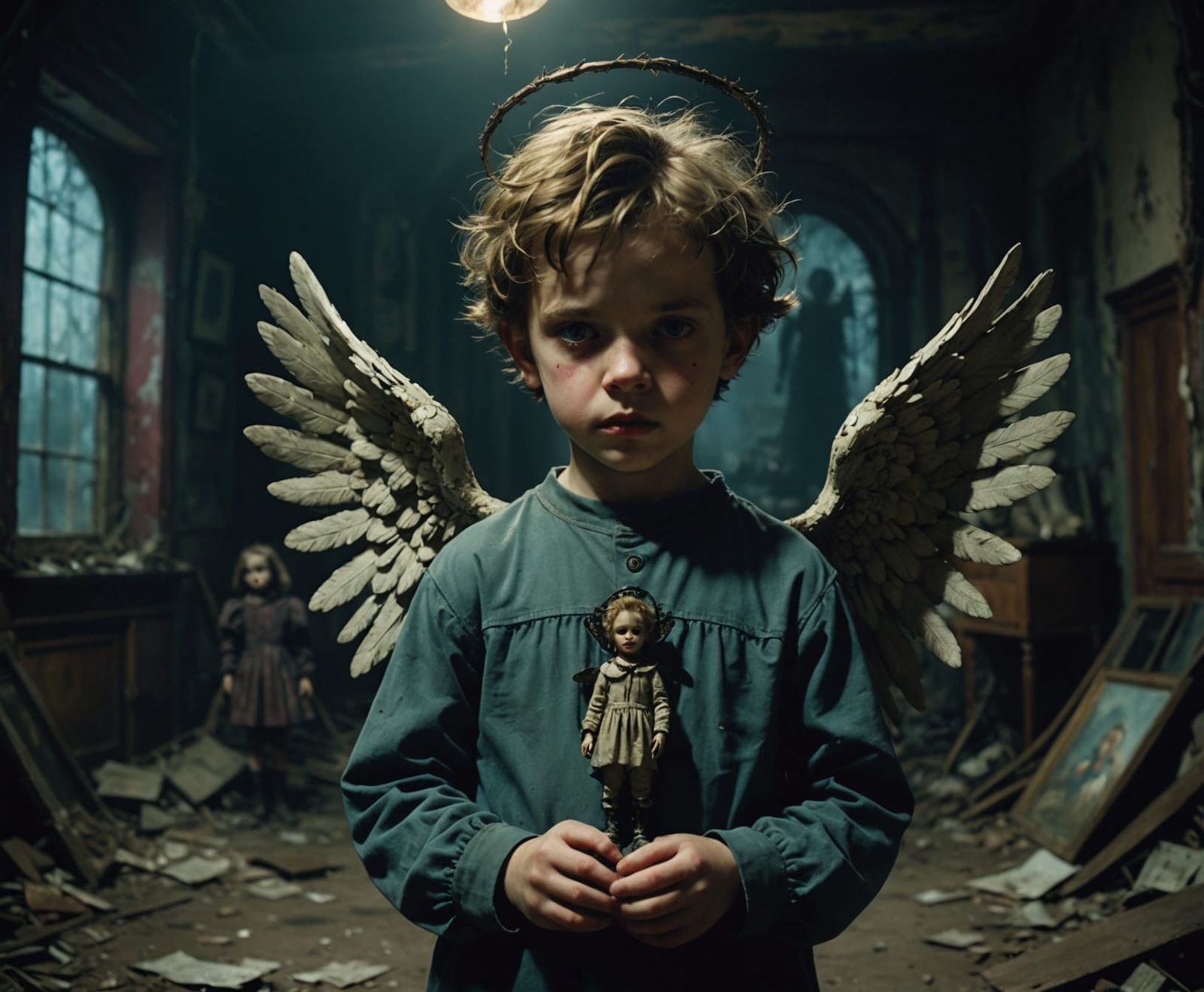 Creepy Angel Child with Broken Doll in Surreal Nightmare