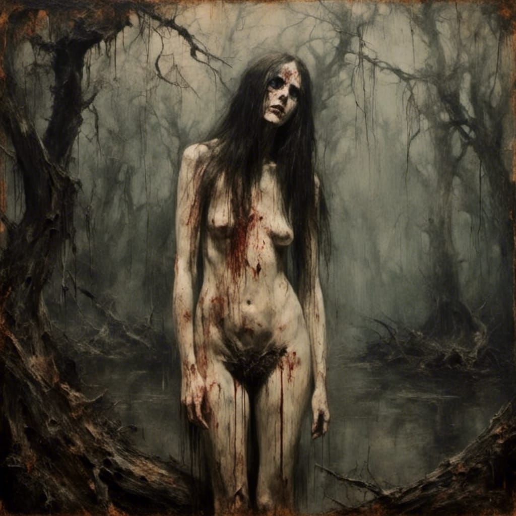 Surreal Forest Girl in Fog, Macabre Art Style