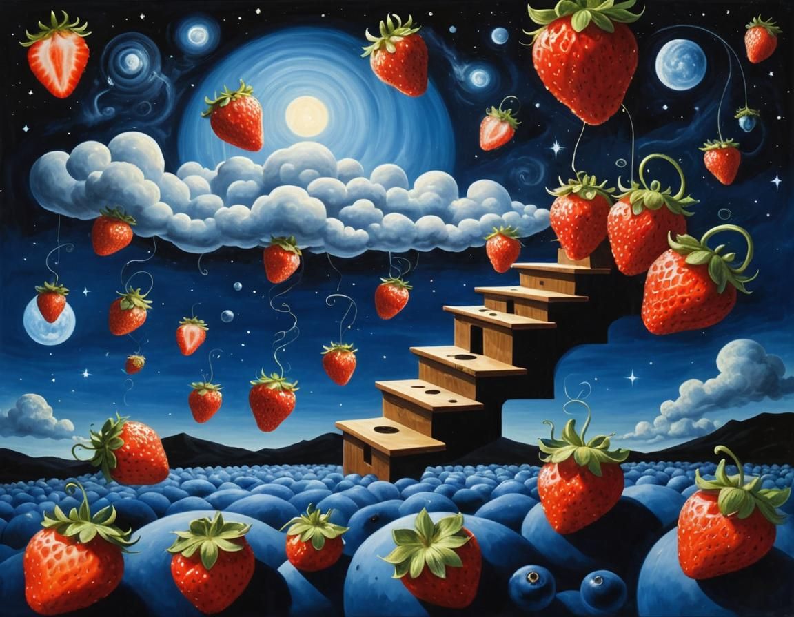 Strawberry Stairs above Blueberry Clouds - surrealism 1
