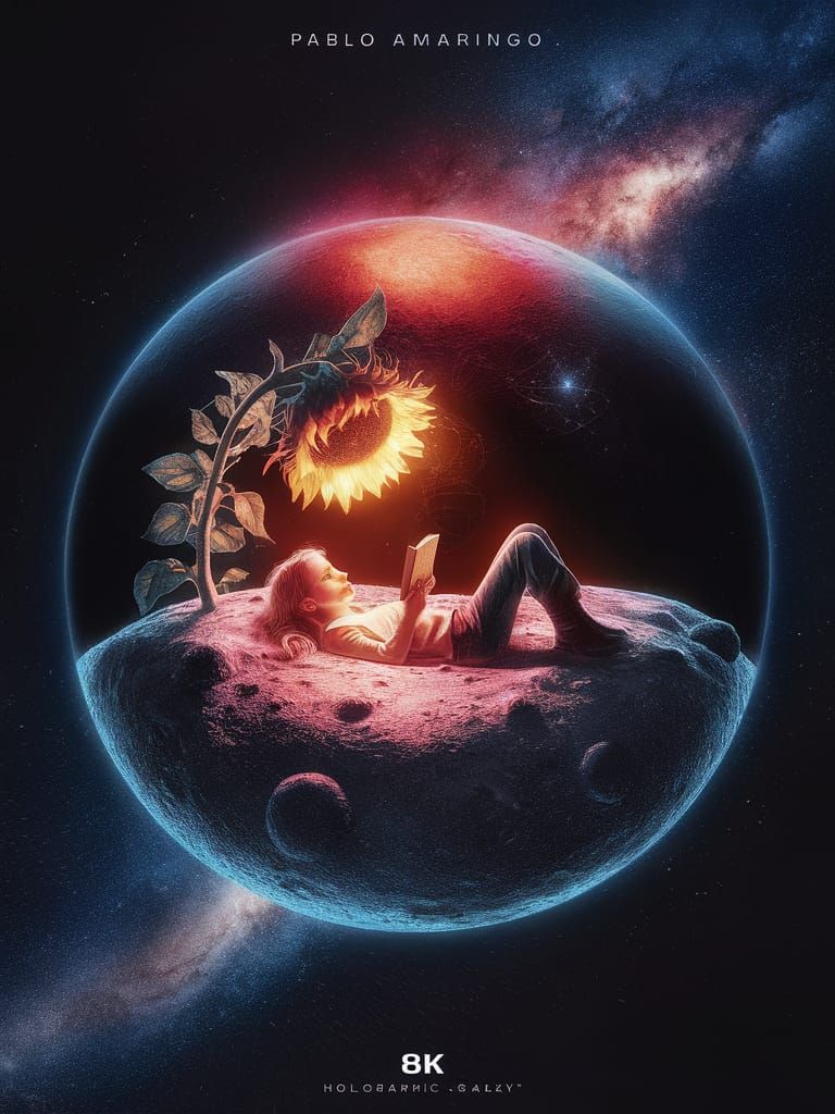 Girl Reads on Moon in Cosmic Holographic Illustration