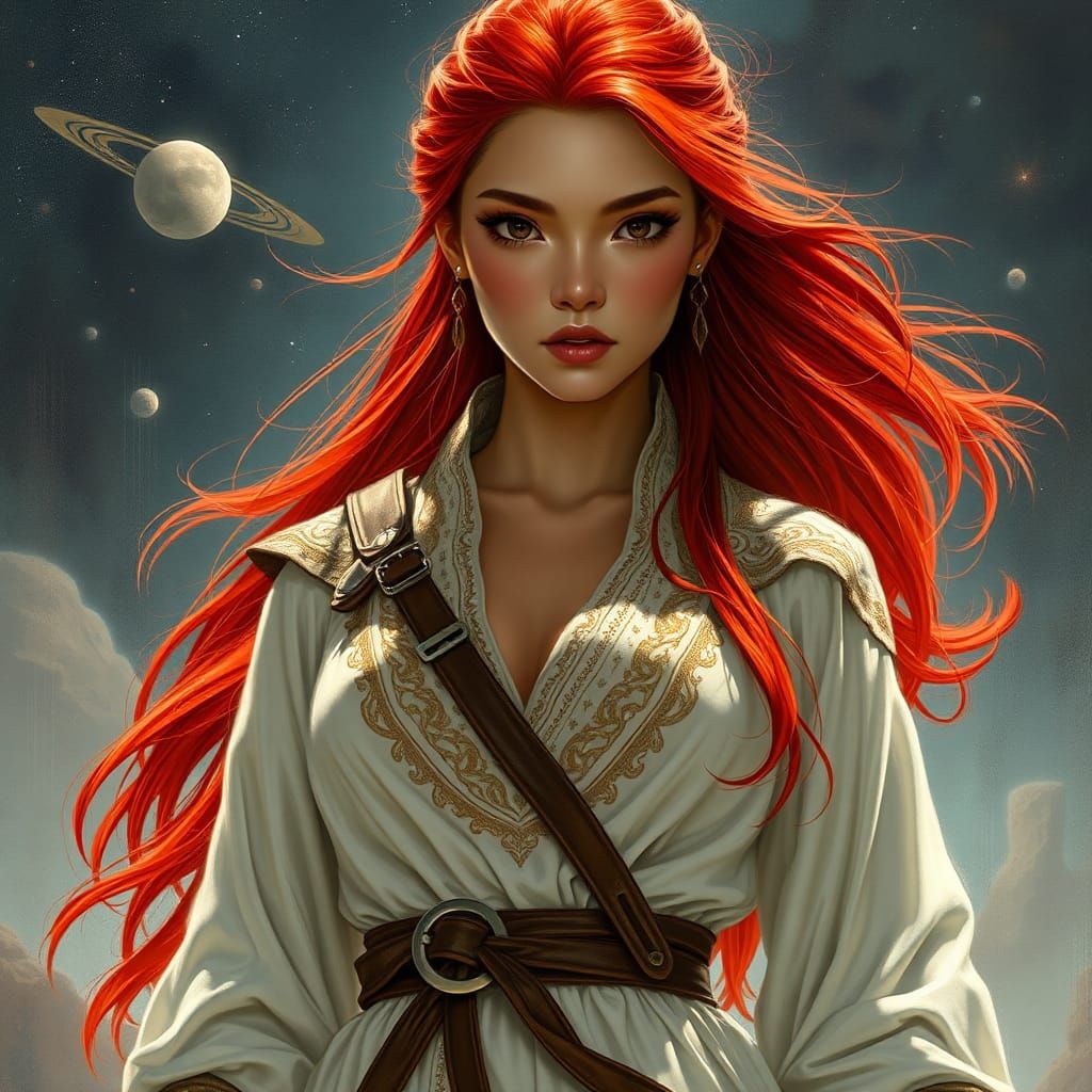 Asian Woman with Red Hair in Retro Sci-Fi Style