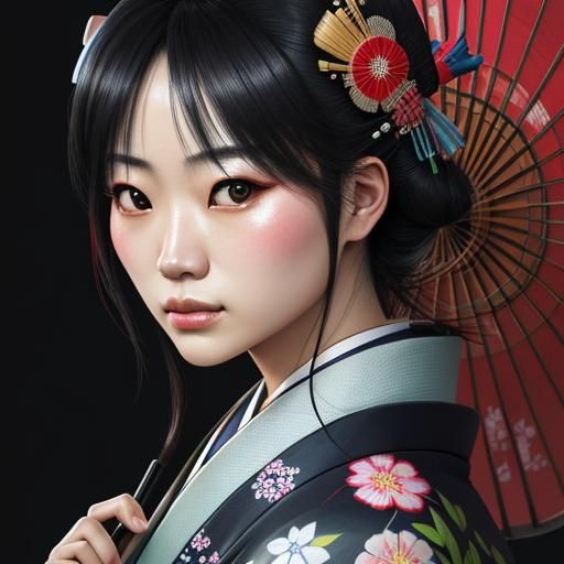Hyperrealistic Portrait of Japanese Girl in Kimono
