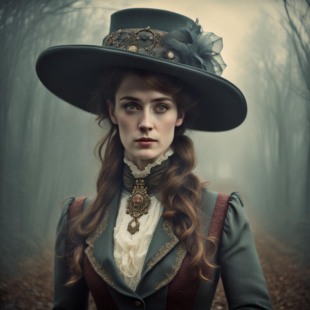Victorian Woman in Foggy London, Hyperrealistic Photo